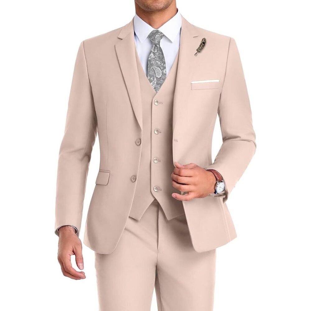 Men's Notched Lapel Flesh Pink Groomsmen Slim Fit 3 Pieces Suit for Wedding